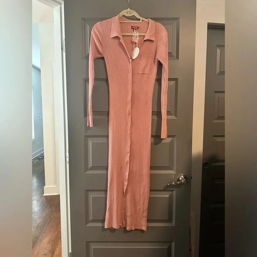 STAUD Napa Ribbed Long Sleeve Midi Dress in Blush NWT size L - Picture 4 of 7
